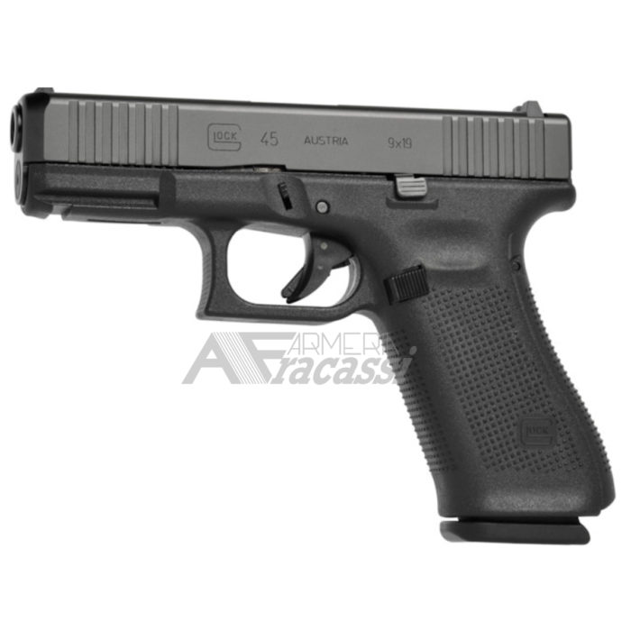 La pistola Glock 45 in calibro 9x19 è un crossover che accoppia un carrello compatto ed un impugnatura fullsize. La pistola presenta tutti i vantaggi dei modelli gen 5 ed è sviluppata grazie alle specifiche degli operatori delle forze dell'ordine a livello mondiale come il modello G19x.